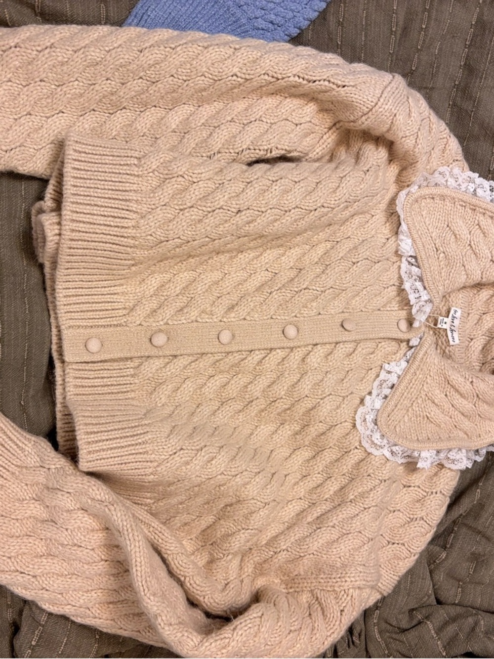 For Love And Lemons Cream Cable-Knit Cardigan with Lace Collar
